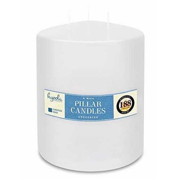 Hyoola 6" x 8" White Unscented European Made 3-Wick Pillar Candles, Dripless Paraffin Wax with Smokeless Cotton Wicks