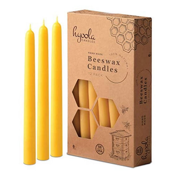 Hyoola, 8 Hour Handmade All Natural Beeswax Taper Candles - Yellow Unscented (12 Pack)