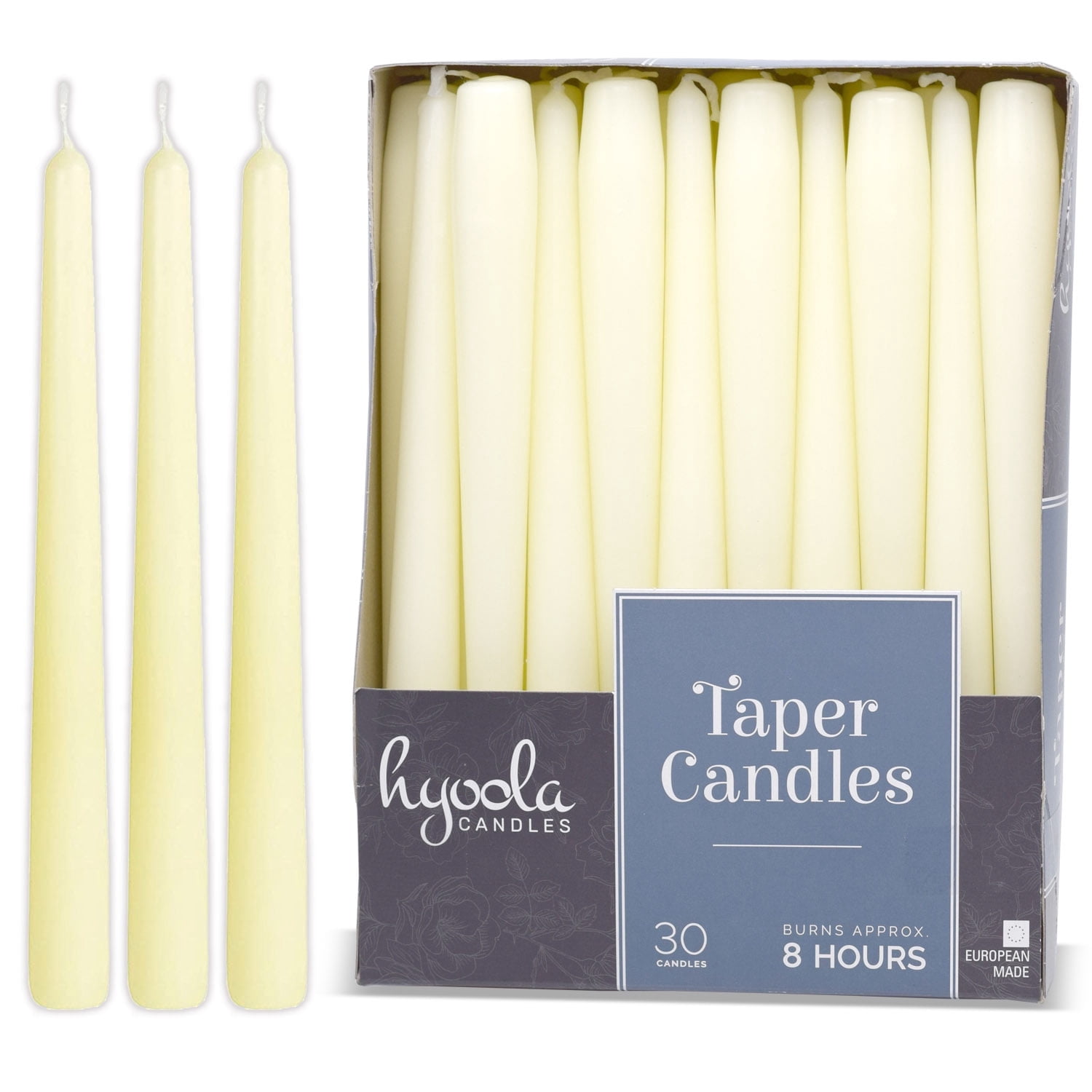Hyoola, 8 Hour Ivory Household Taper Candles Unscented Smokeless Paraffin Wax Emergency Candles, 30-Pack