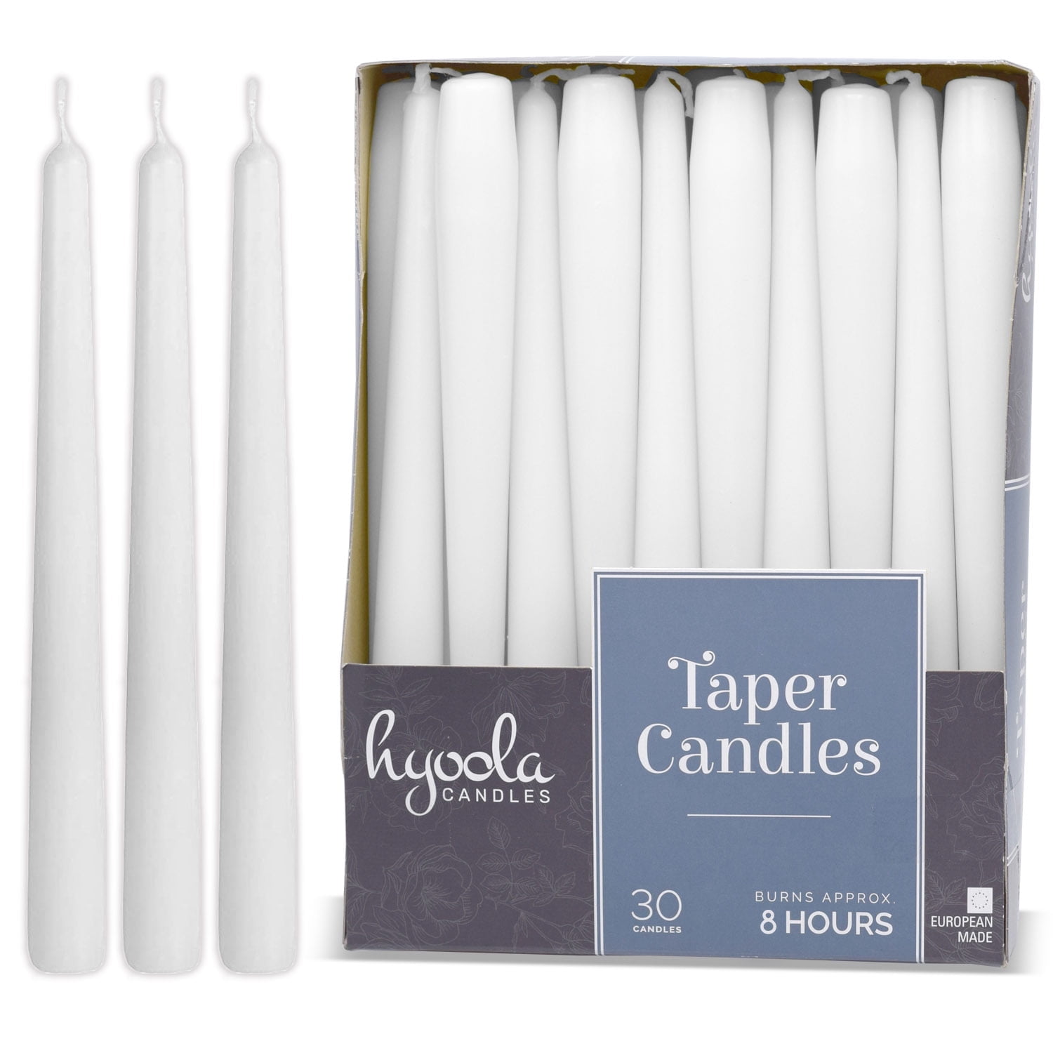 Hyoola 8-Hour White Dripless Taper Candles, 30-Pack