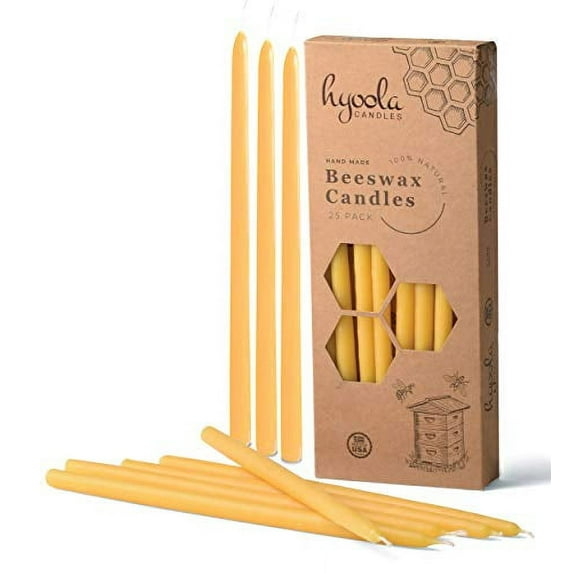 Hyoola, 9 Inch x 7/16 Handmade All Natural Beeswax Taper Candles - Yellow Unscented (25 Pack)