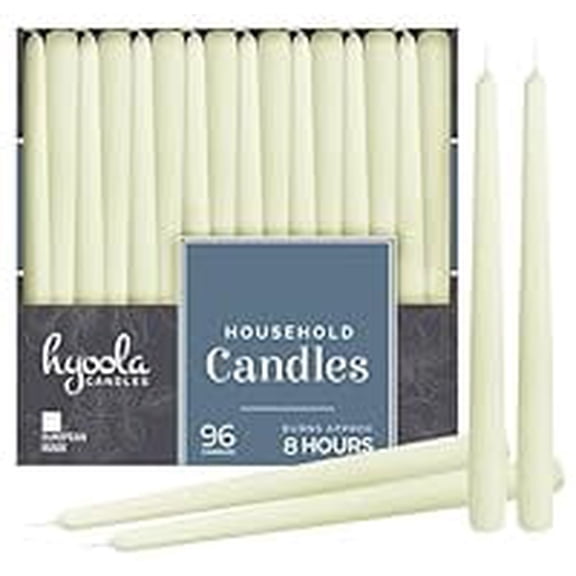 Hyoola Bulk 10" Ivory Dripless European Made Taper Candles, Unscented Paraffin Wax with Cotton Wicks, 96 Pack
