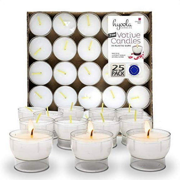 Hyoola Bulk Unscented 7 Hour White Votive Candles in Clear Plastic Cups, Paraffin Wax with Cotton Wicks, 50-Pack