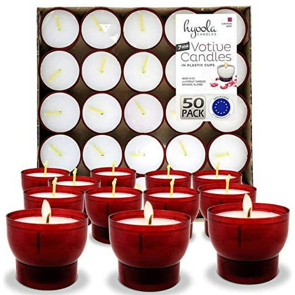 Hyoola Bulk Unscented 7 Hour White Votive Candles in Red Plastic Cups, Paraffin Wax with Cotton Wicks, 50-Pack