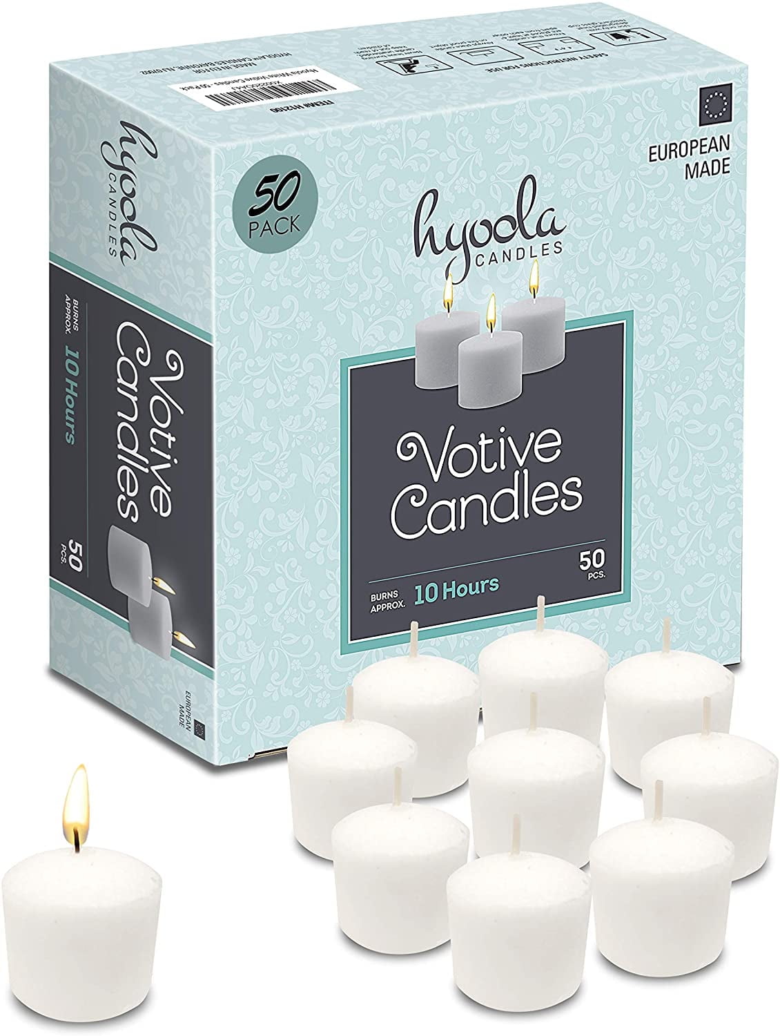 Hyoola Unscented 10 Hour White Votive Candles, Paraffin Wax with Cotton Wicks, 50-Pack