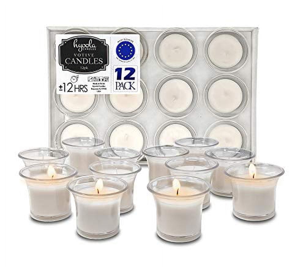 Hyoola Unscented 12 Hour White Votive Candles in Clear Plastic Cups, Paraffin Wax with Cotton Wicks, 12-Pack