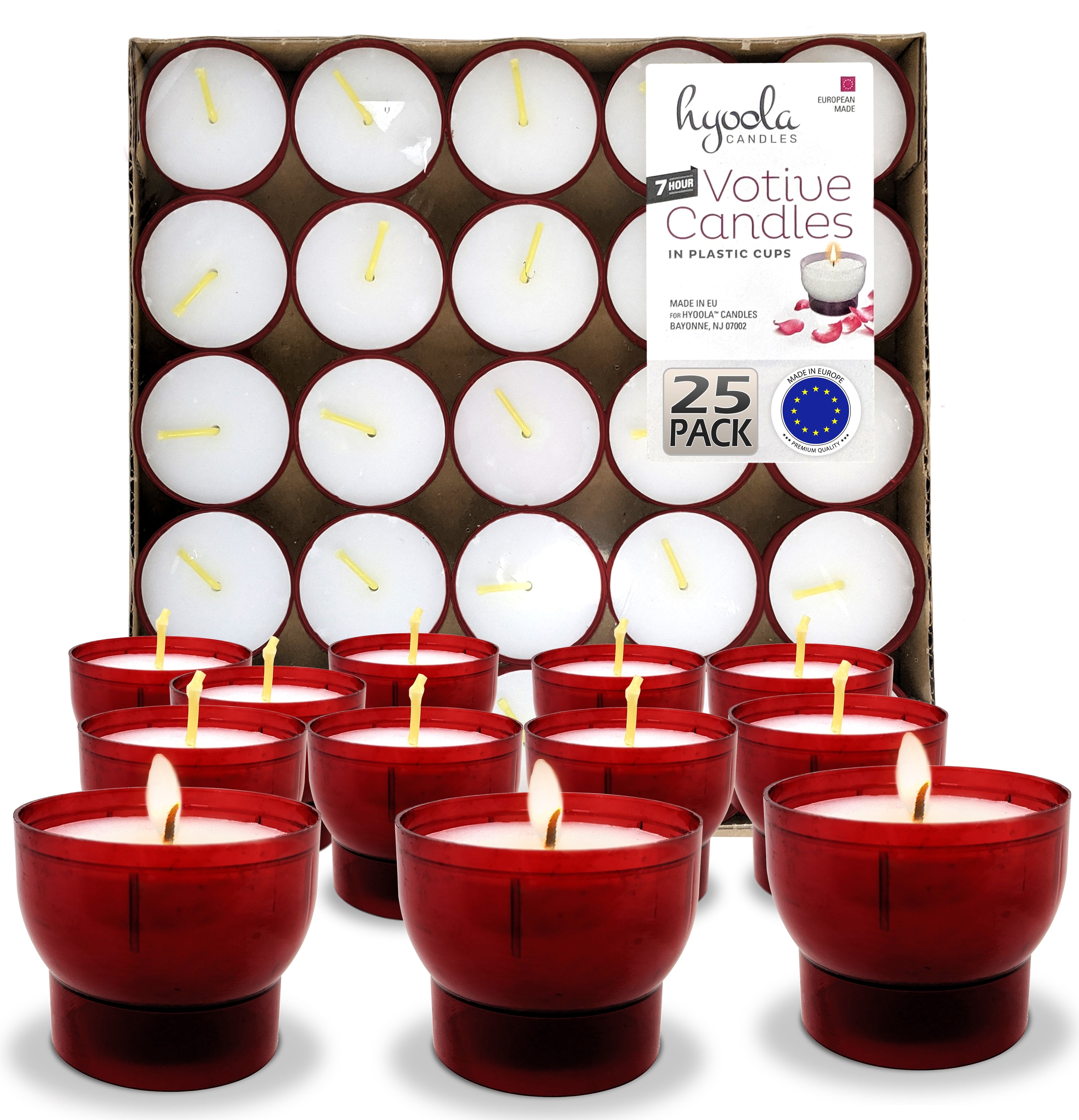 Hyoola Unscented 7 Hour White Votive Candles in Red Plastic Cups, Paraffin Wax with Cotton Wicks, 25-Pack