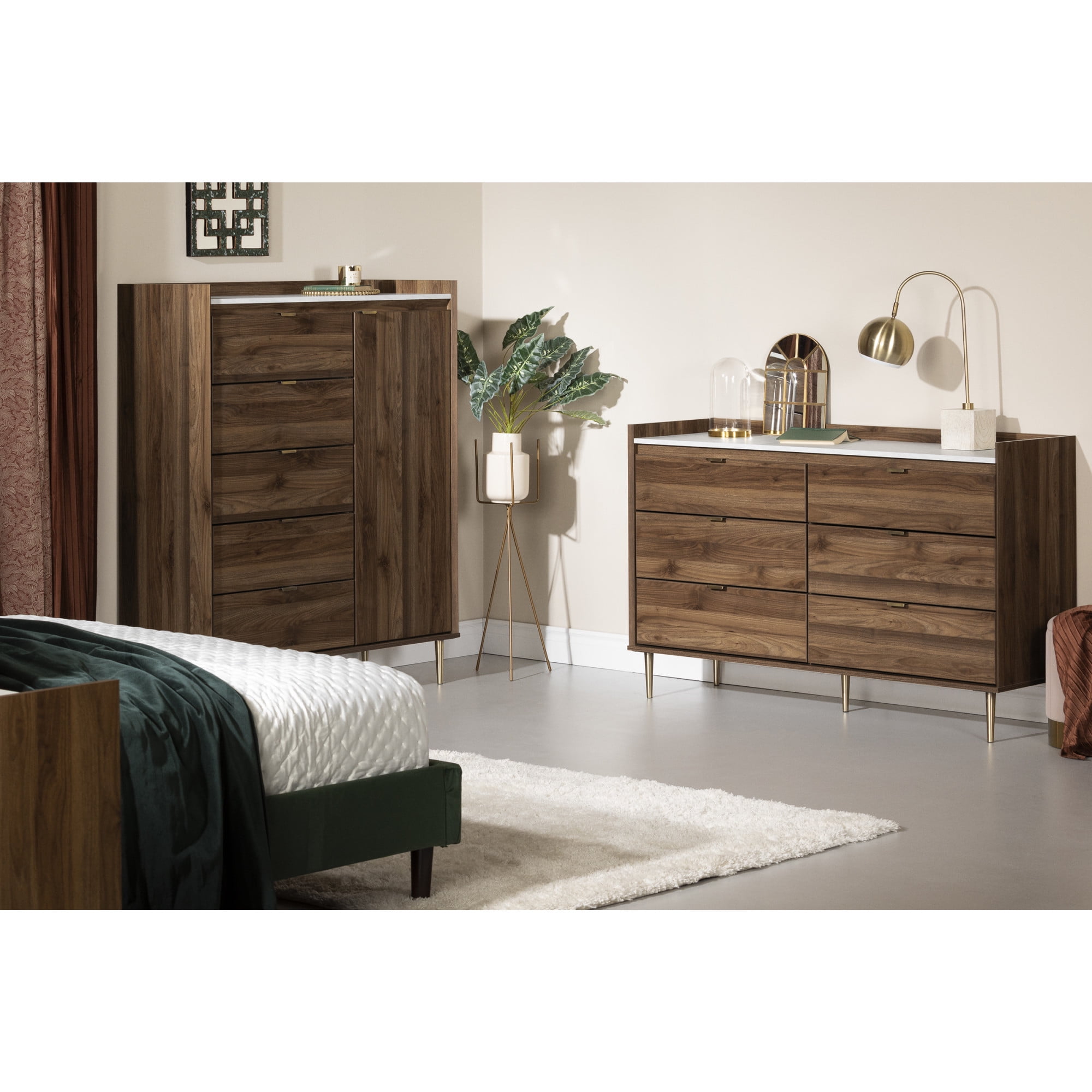 Elegant 6-Drawer Double Dresser in Natural Walnut with Brass Accents