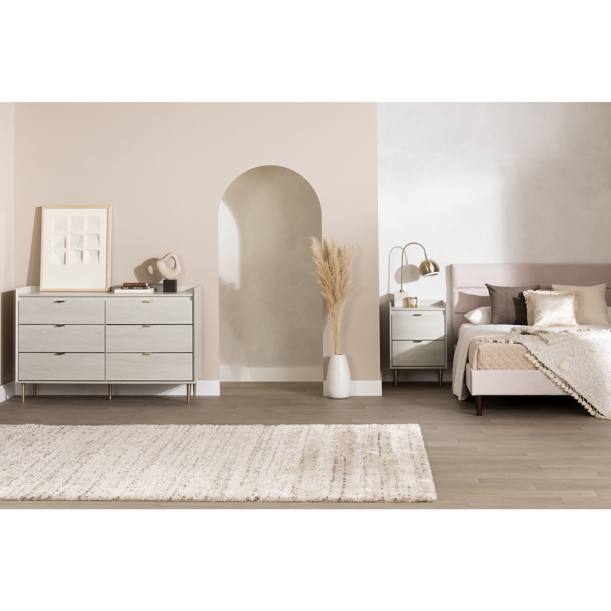 Winter Oak Glam Double Dresser with Brass Accents and Wide Storage