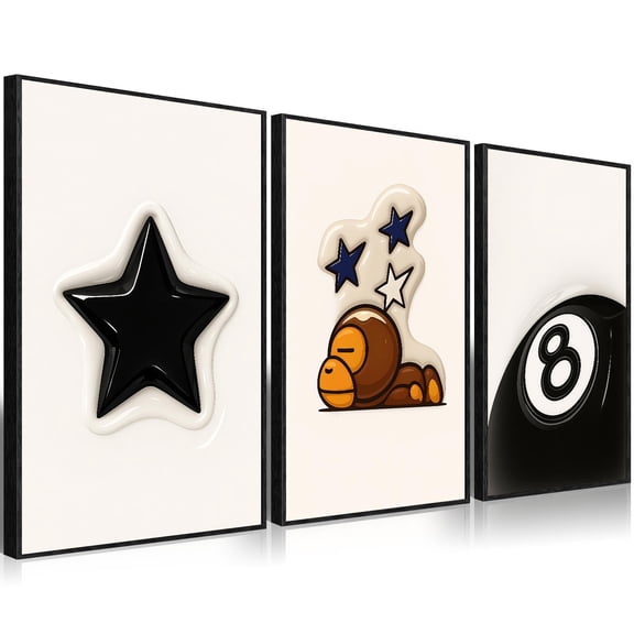 HypeBeast Print Y2K Apartment Decor 8 Ball Cartoon Monkey Art Black Star Wall Art College Room Set Set 3
