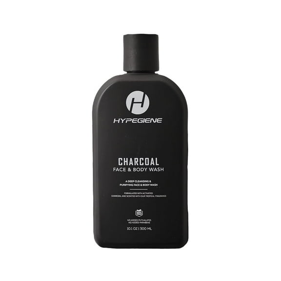 HYPEGIENE Charcoal Men's Body Wash - All Natural Body Wash with Activated Charcoal for Men & Women - Vegan, Paraben Free - Purifying Shower Gel & Moisturizing Face Wash with Tea Tree Oil (10.1oz)