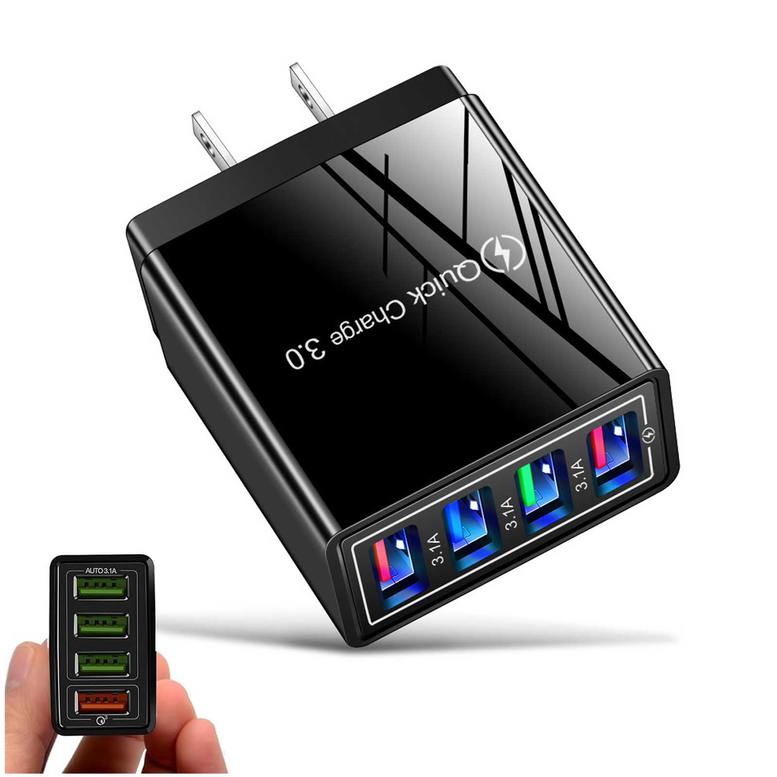 Chargeur Hyper Charge Pro 4 Ports – Quick Charge 3.0 – Contrôle Température – Charge Rapide IPhone, Android, Tablettes – Noir