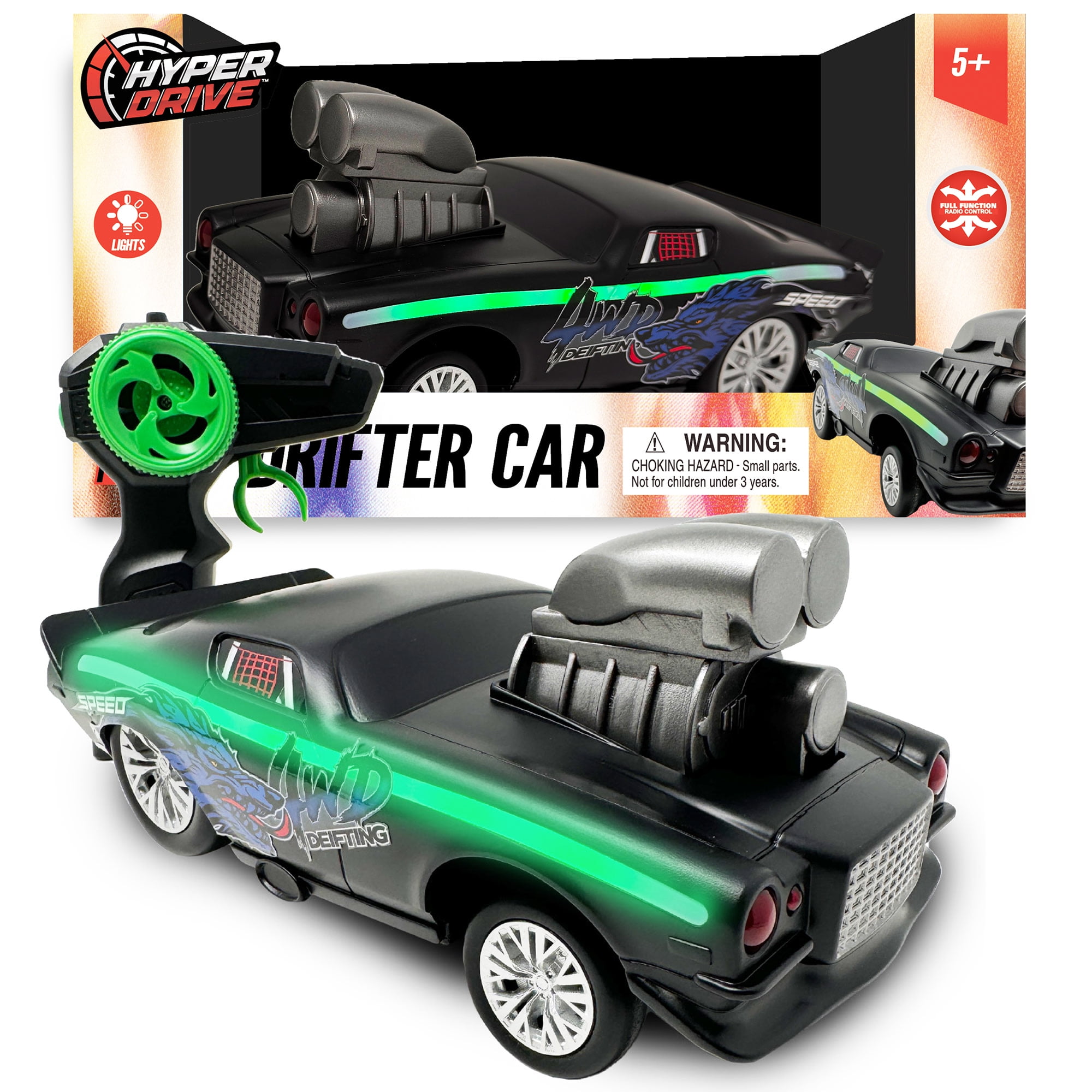 Hyper Drive: RC Drifter Car - Black & Green - 2.4GHz Remote Control, Street Racer Stunt Vehicle, Multi-Color LED Lights, Drifting Action, Kids 5+
