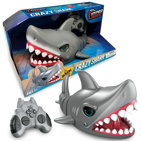 Hyper Drive: Crazy Shark - Gray - 14" Sounds Mega Chomp IR Remote Control Toy, Realistic Chomping & Tail Motion, Plays Music, Performs Stunts, Kids 3+
