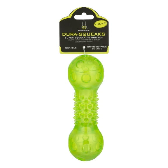 Hyper Pet Dura-Squeaks Durable Non-Toxic TPR Bouncing Super Squeaky Dog Toy, Barbell, Green