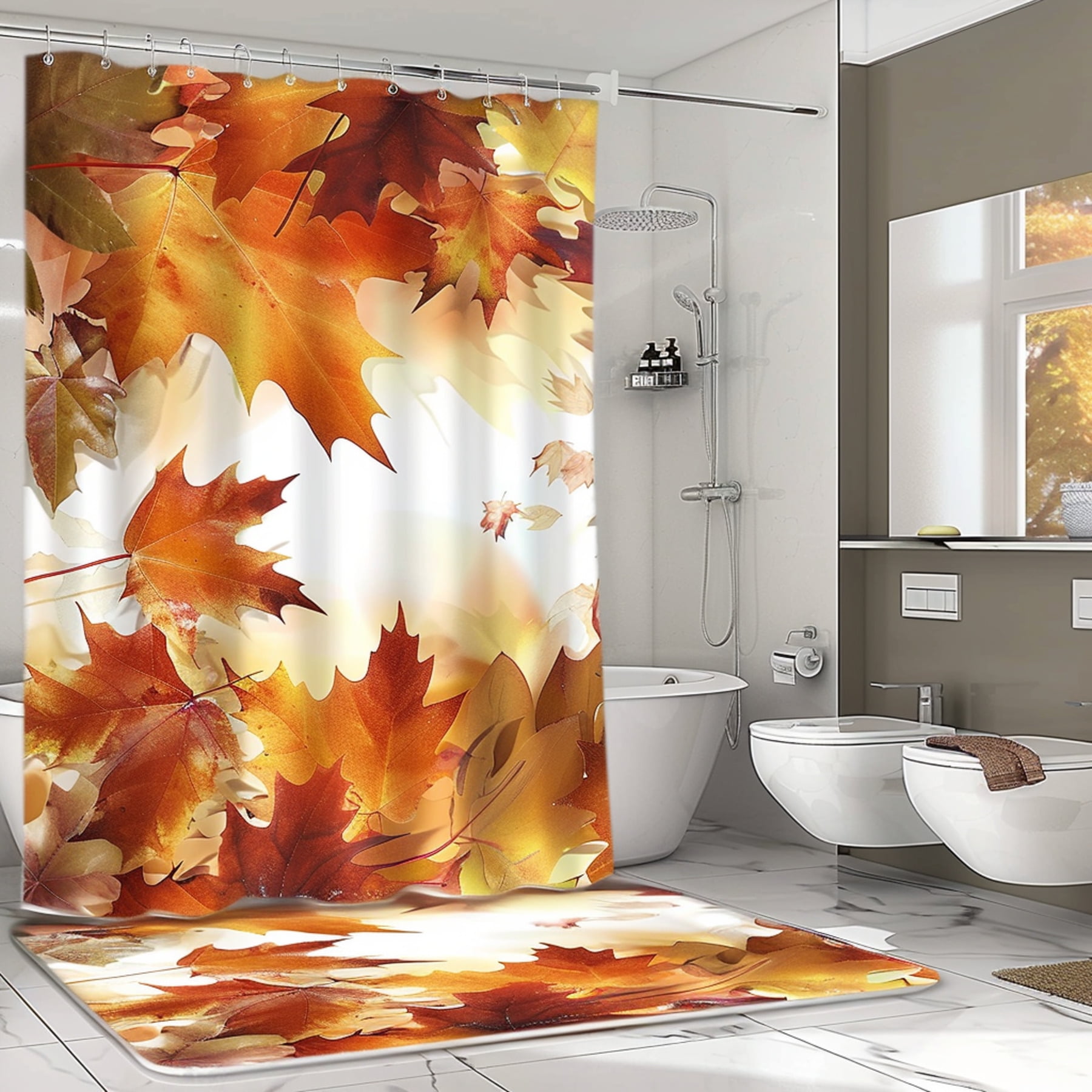 Hyper Realistic Autumn Leaves Shower Curtain Set with Fall Bathroom