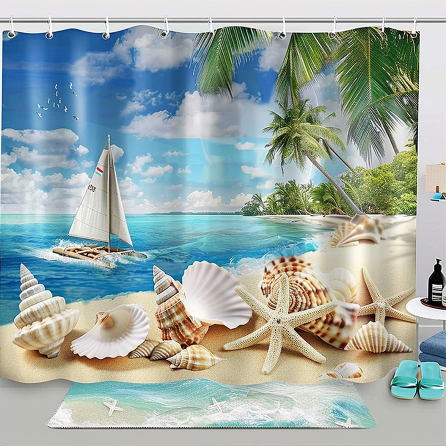 Hyper Realistic Beach Bathroom Set with Palm Trees Sailboat Seashells ...