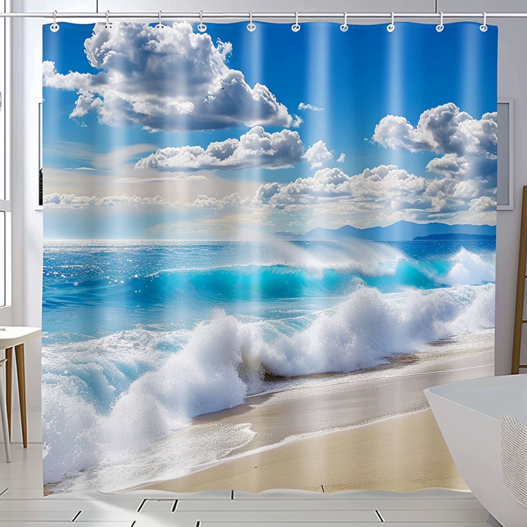 Hyper Realistic Beach Scene Shower Curtain Ocean Waves Design for ...