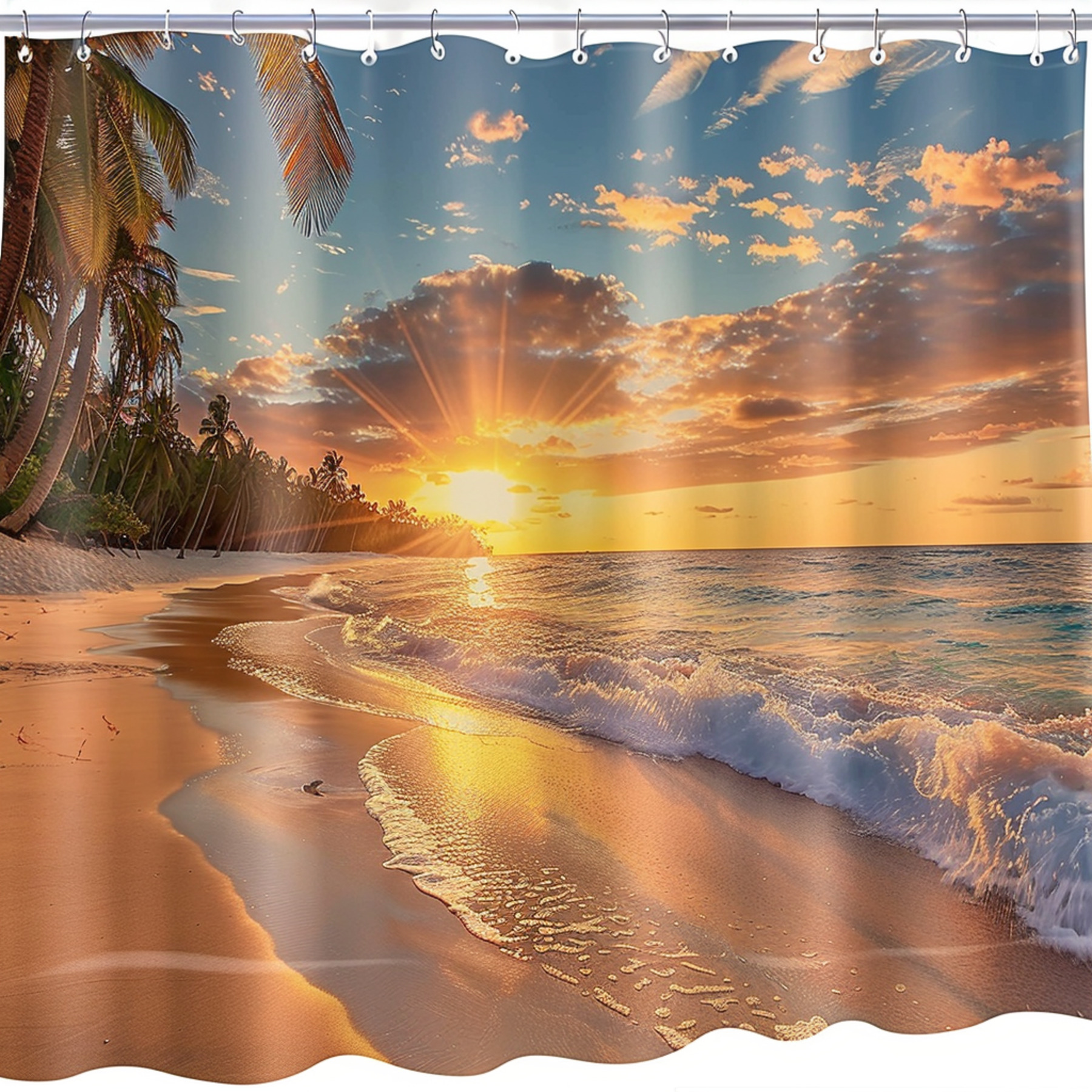 Hyper Realistic Beach Sunset Shower Curtain Tranquil Palm Trees Golden
