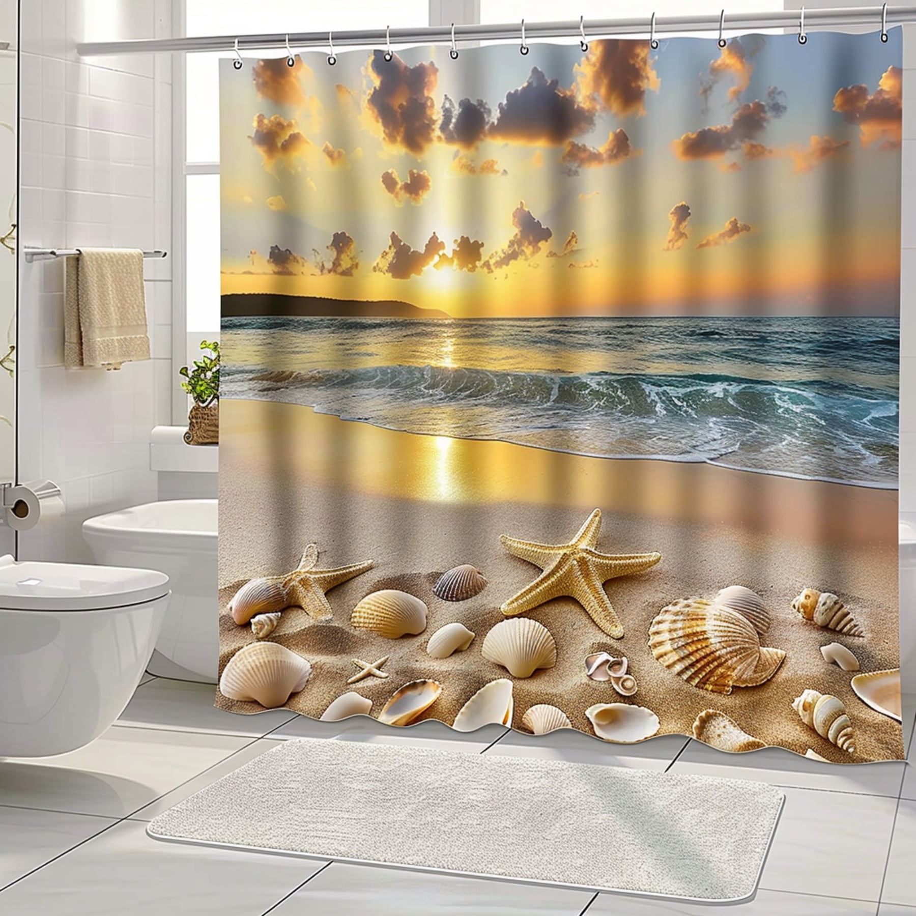 Hyper Realistic Beach Sunset Shower Curtain with Starfish and Shells