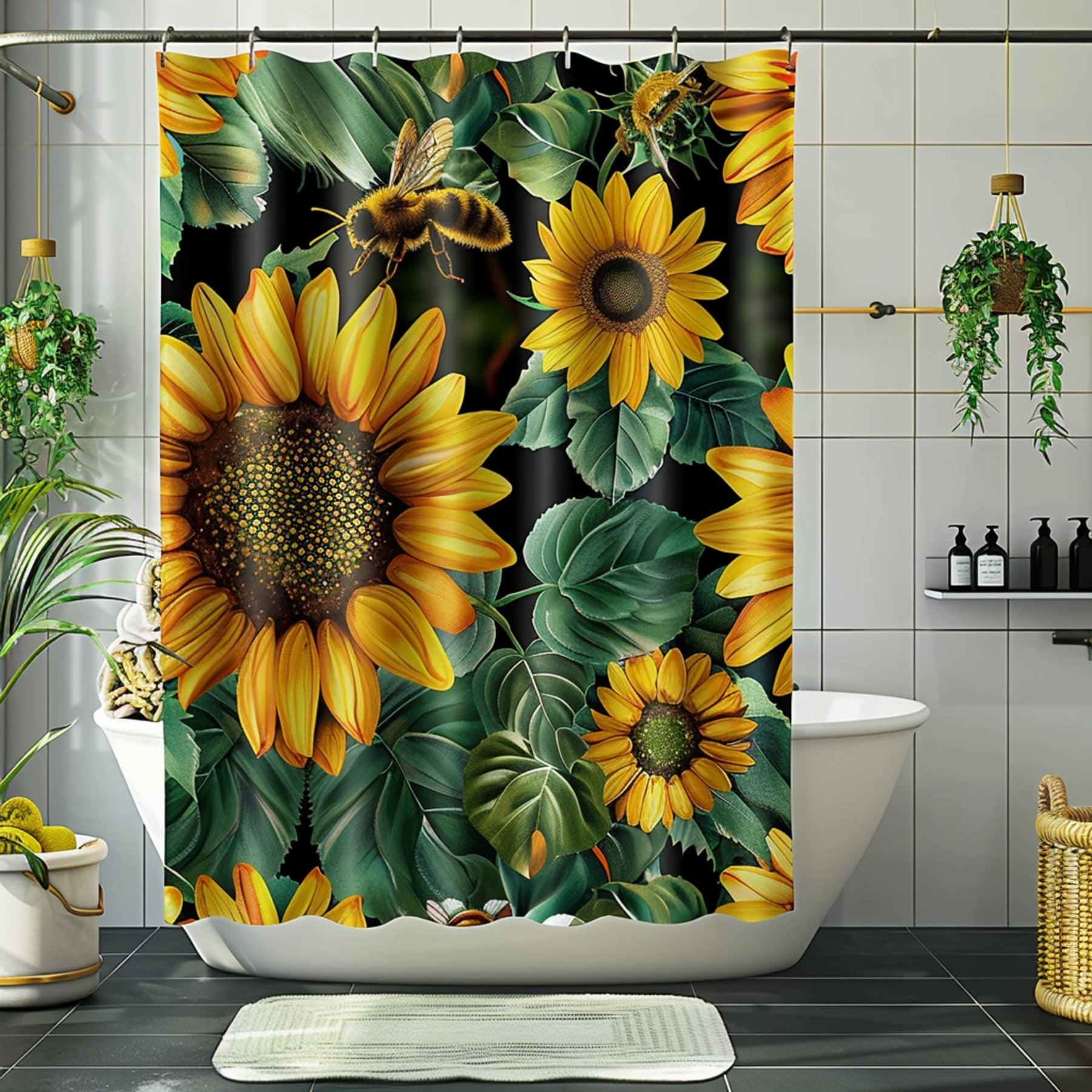 Hyper Realistic Bee and Sunflower Garden Shower Curtain Vibrant Yellow