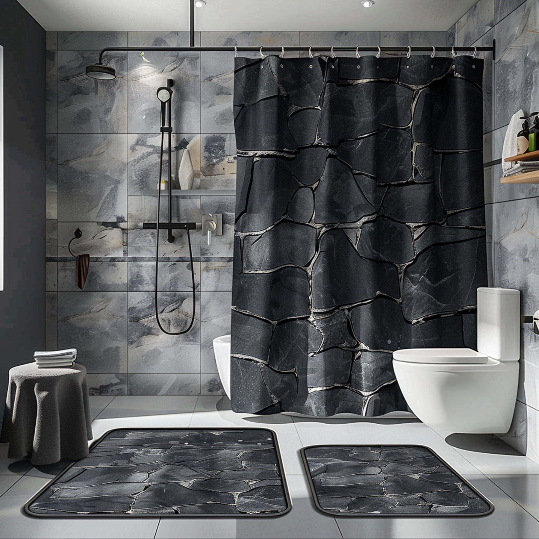 Hyper Realistic Black Stone Texture Shower Curtain Complete Bathroom ...