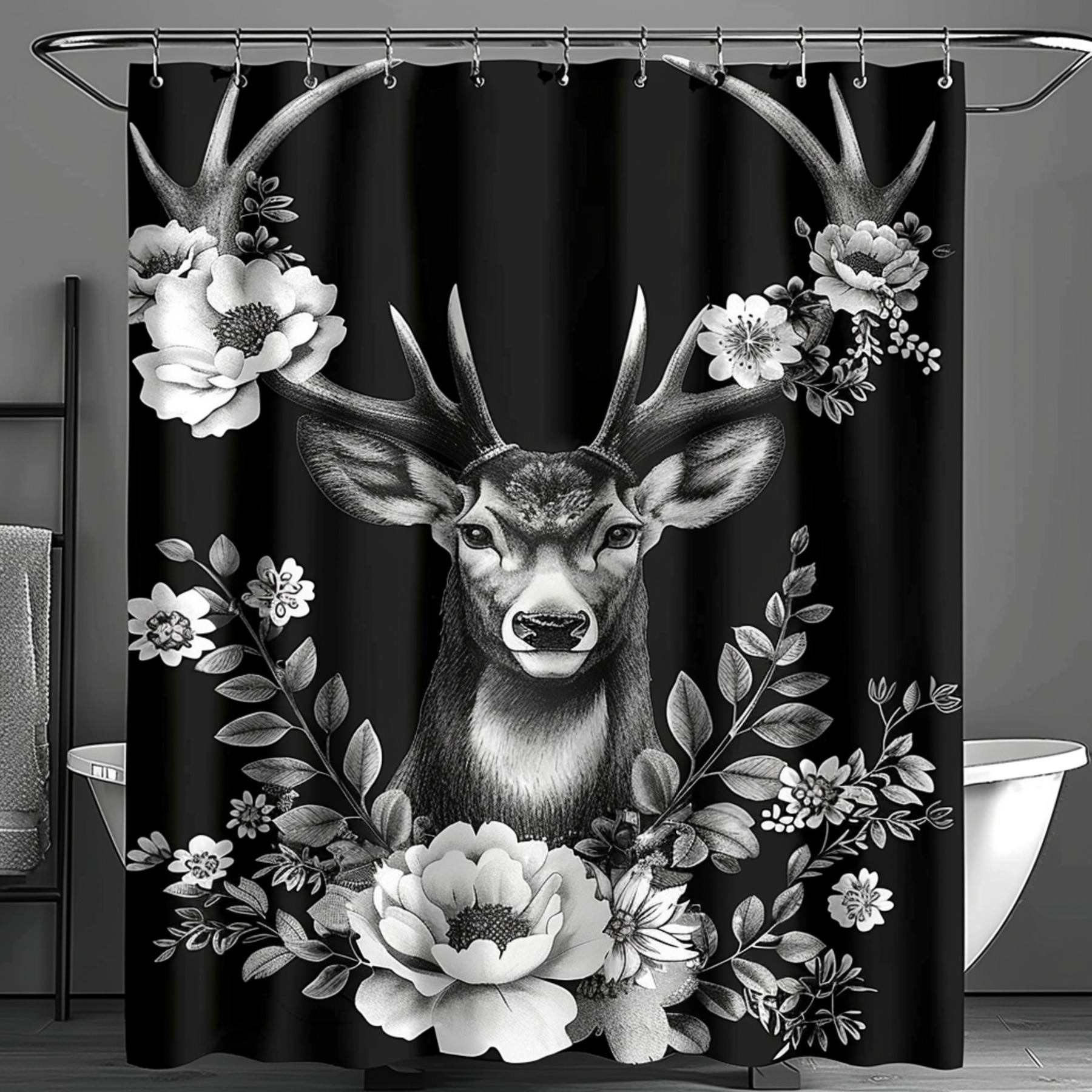Hyper Realistic Black and White Deer with Flowers Shower Curtain