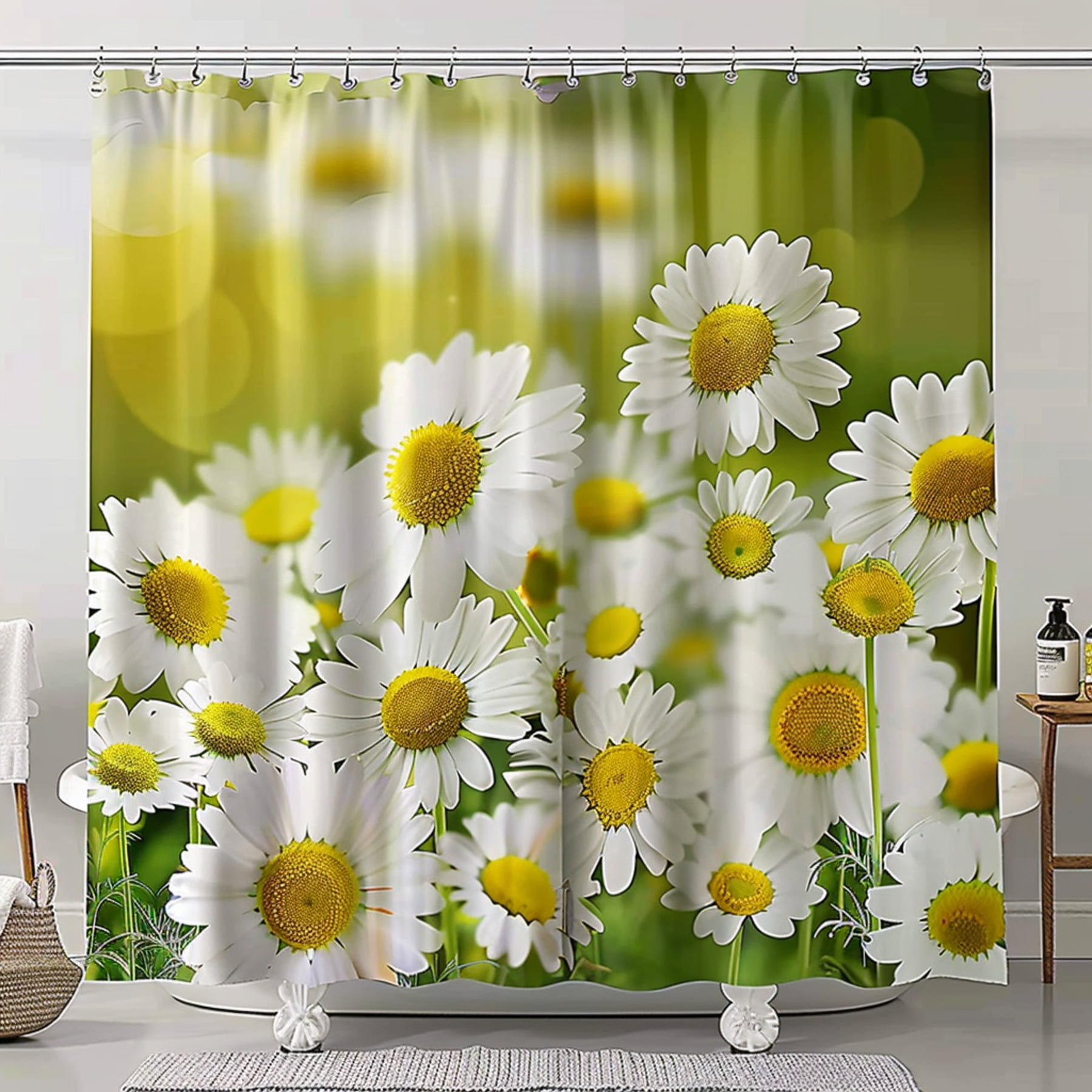Hyper Realistic Daisy Field Shower Curtain White and Yellow Flowers