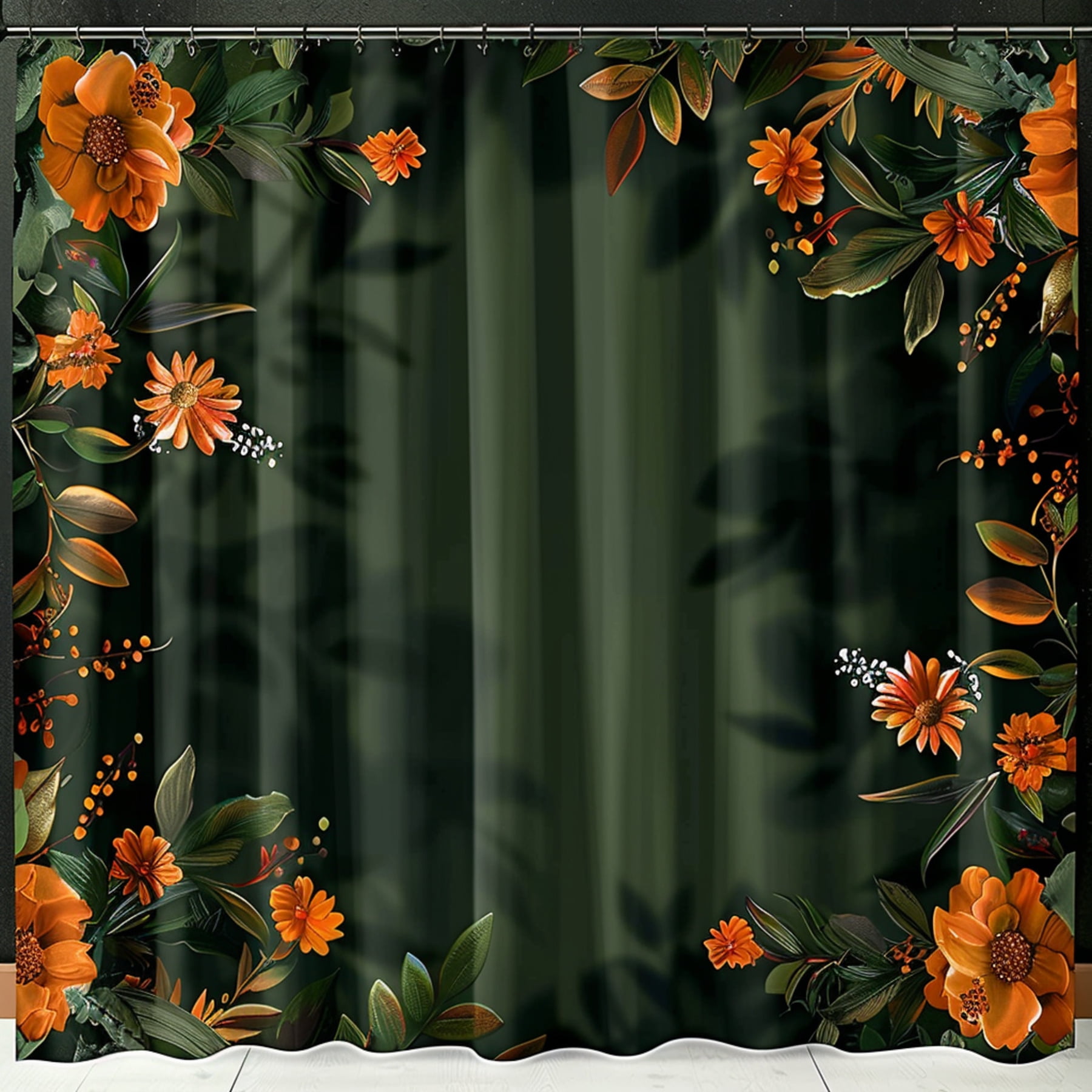 Hyper Realistic Dark Green Shower Curtain with Orange Floral Design