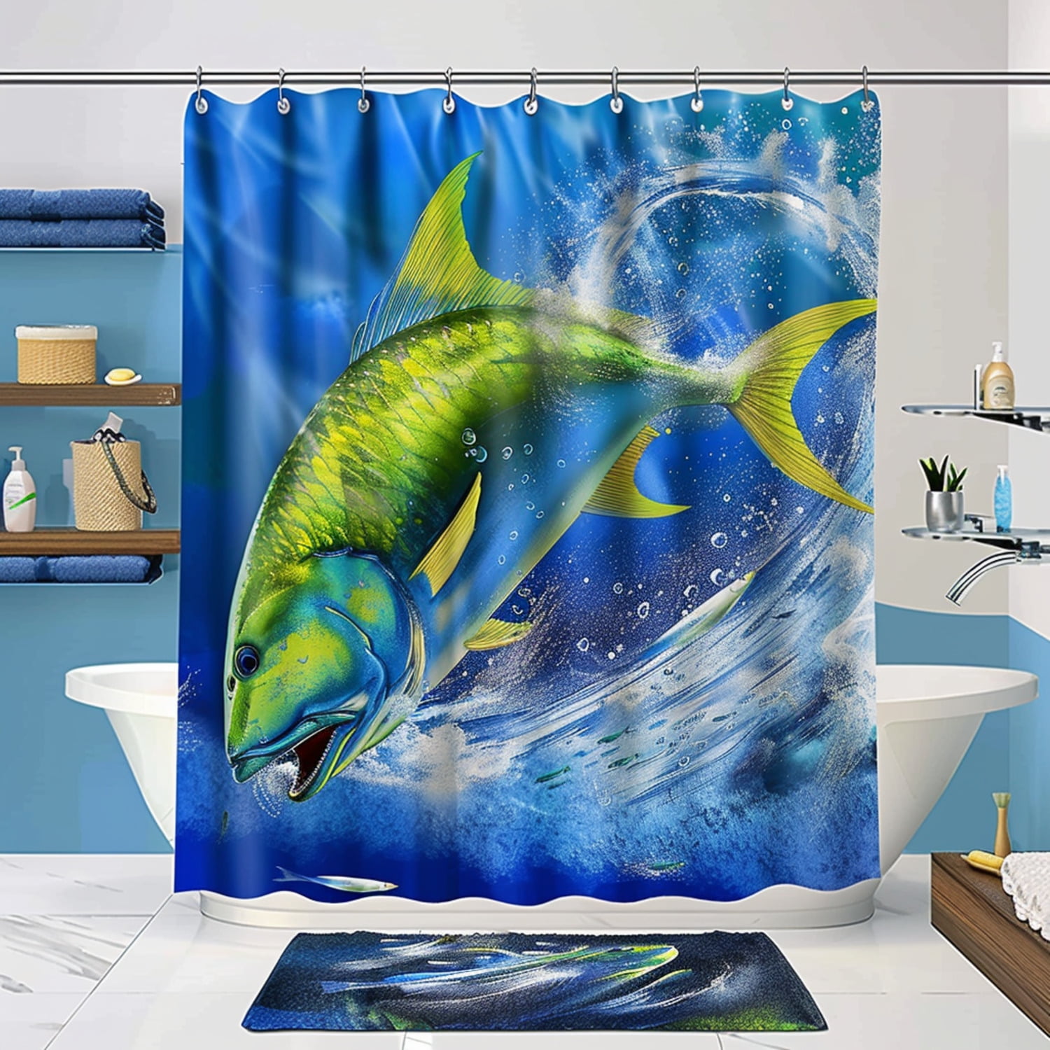 Hyper Realistic Dorado Fish Jumping Photo on Blue Background + Sporty