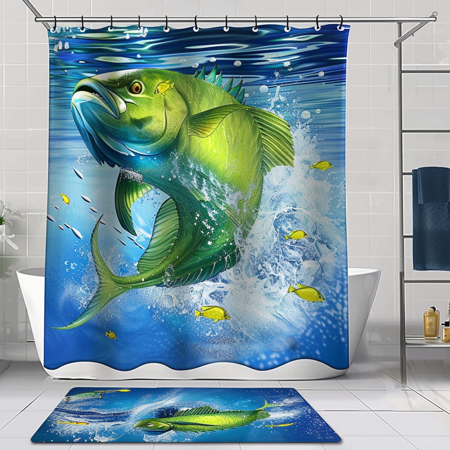 Hyper Realistic Dorado Fish Jumping Shower Curtain Set Fishing Theme