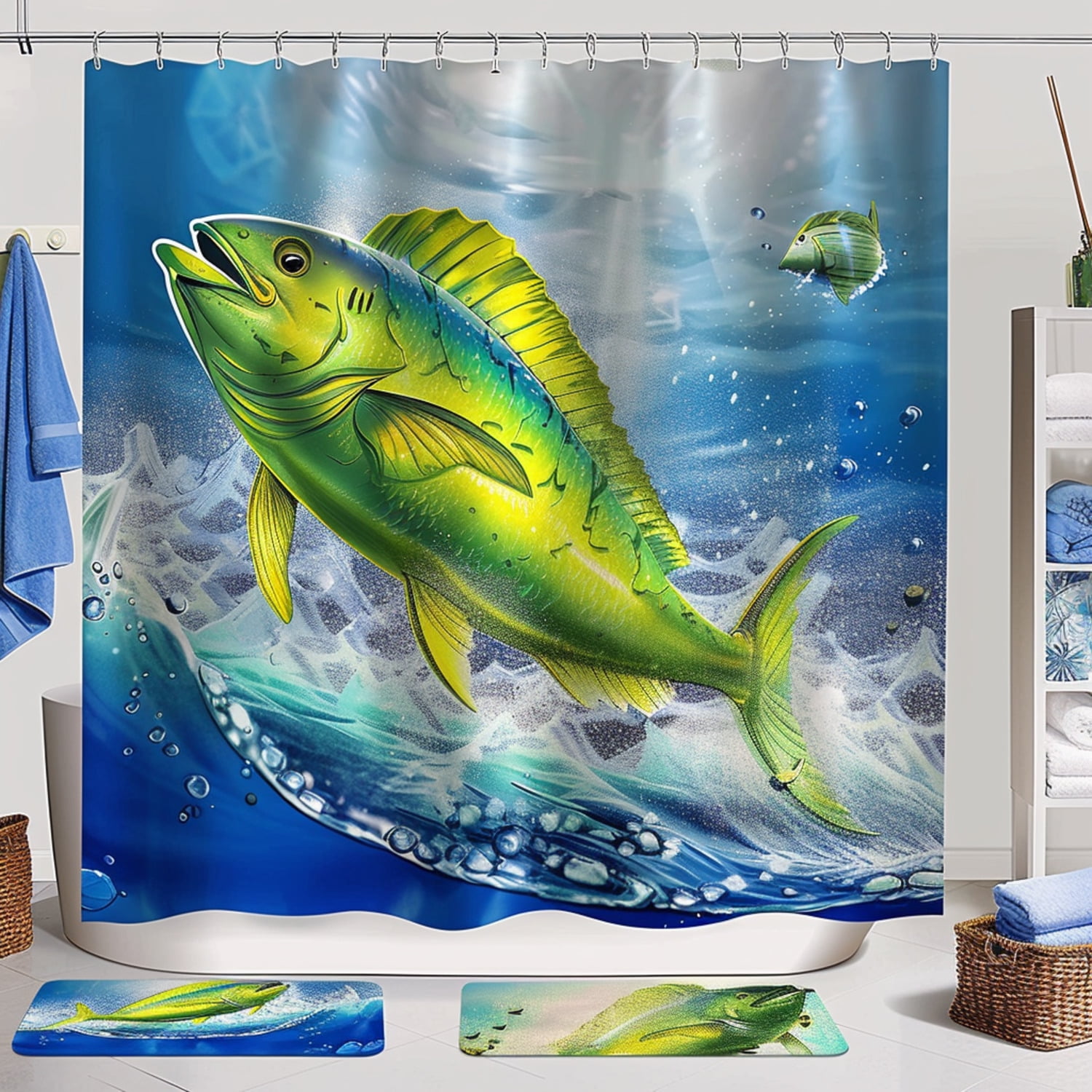 Hyper Realistic Dorado Fish Jumping Shower Curtain Set Fishing Theme