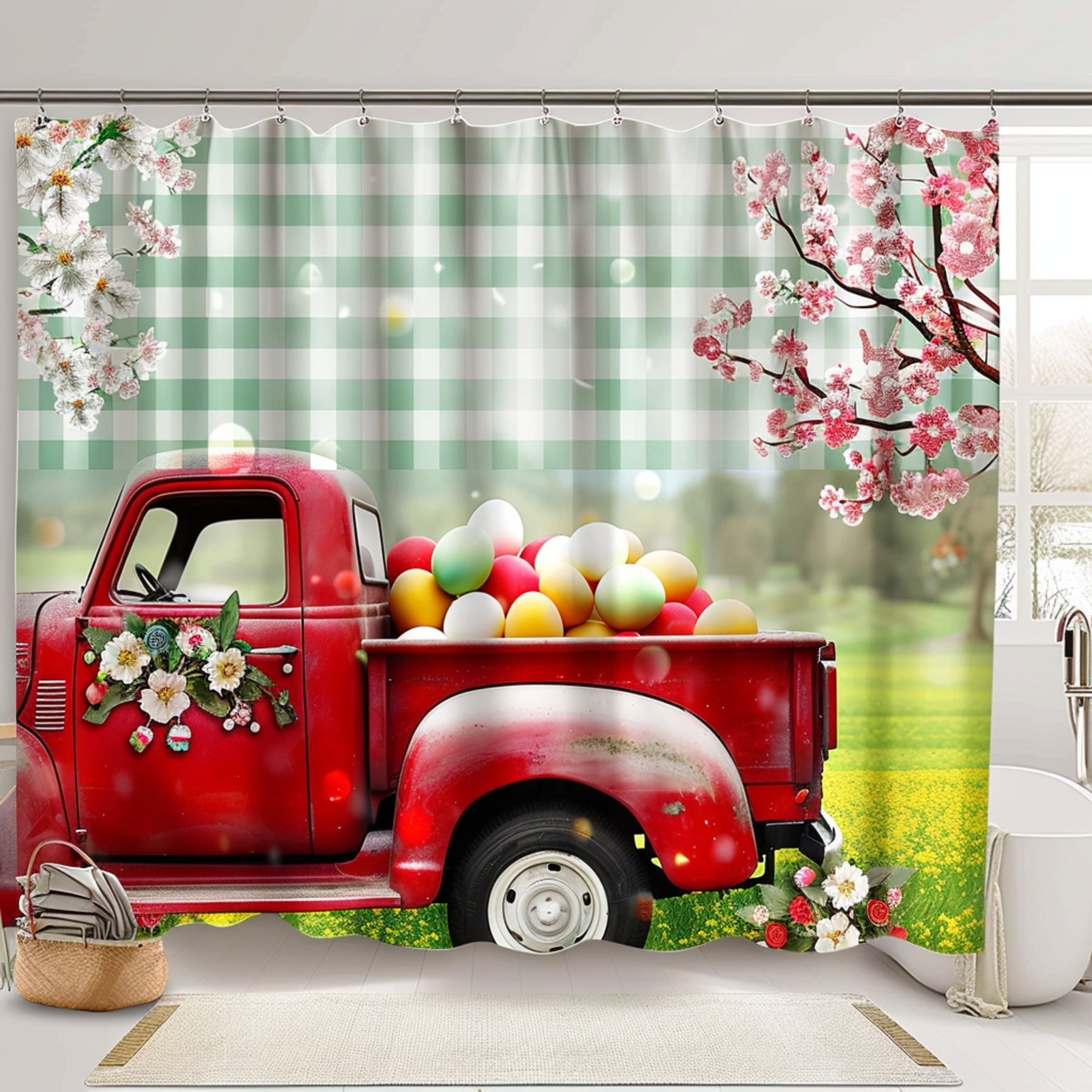 Hyper Realistic Easter Red Truck Shower Curtain with Colorful Eggs