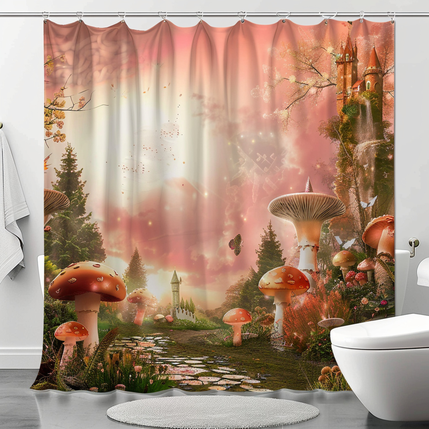Hyper Realistic Fairy Forest Shower Curtain with Mushrooms and Castle ...