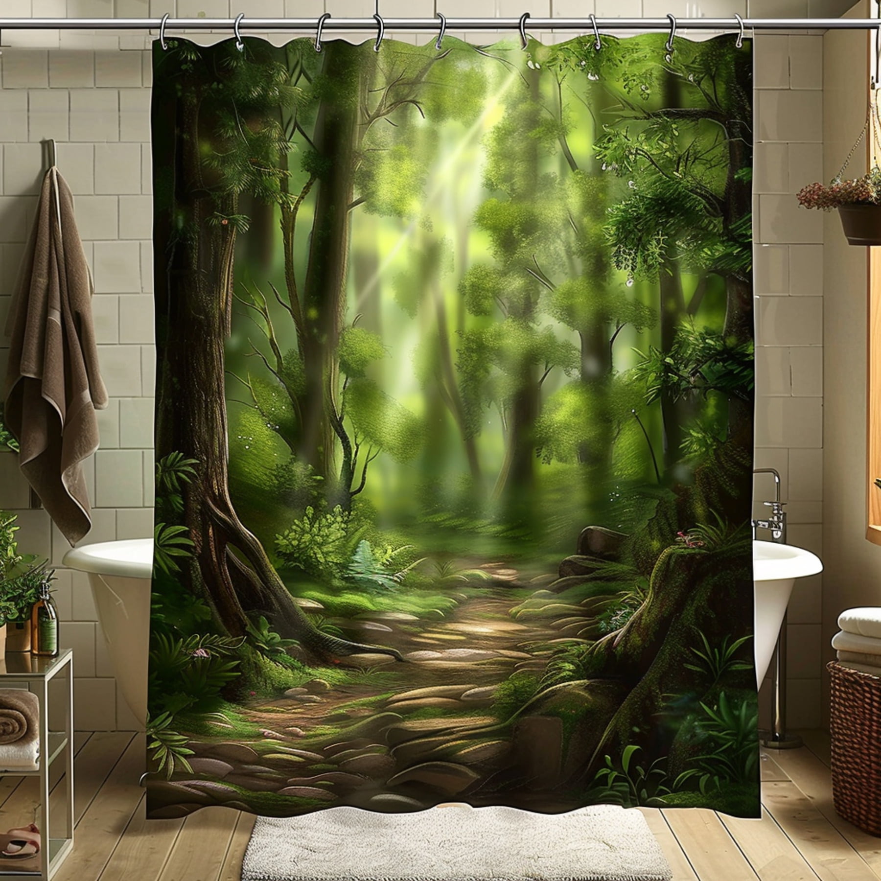 Hyper Realistic Forest Path Shower Curtain Nature Scene Bathroom Decor