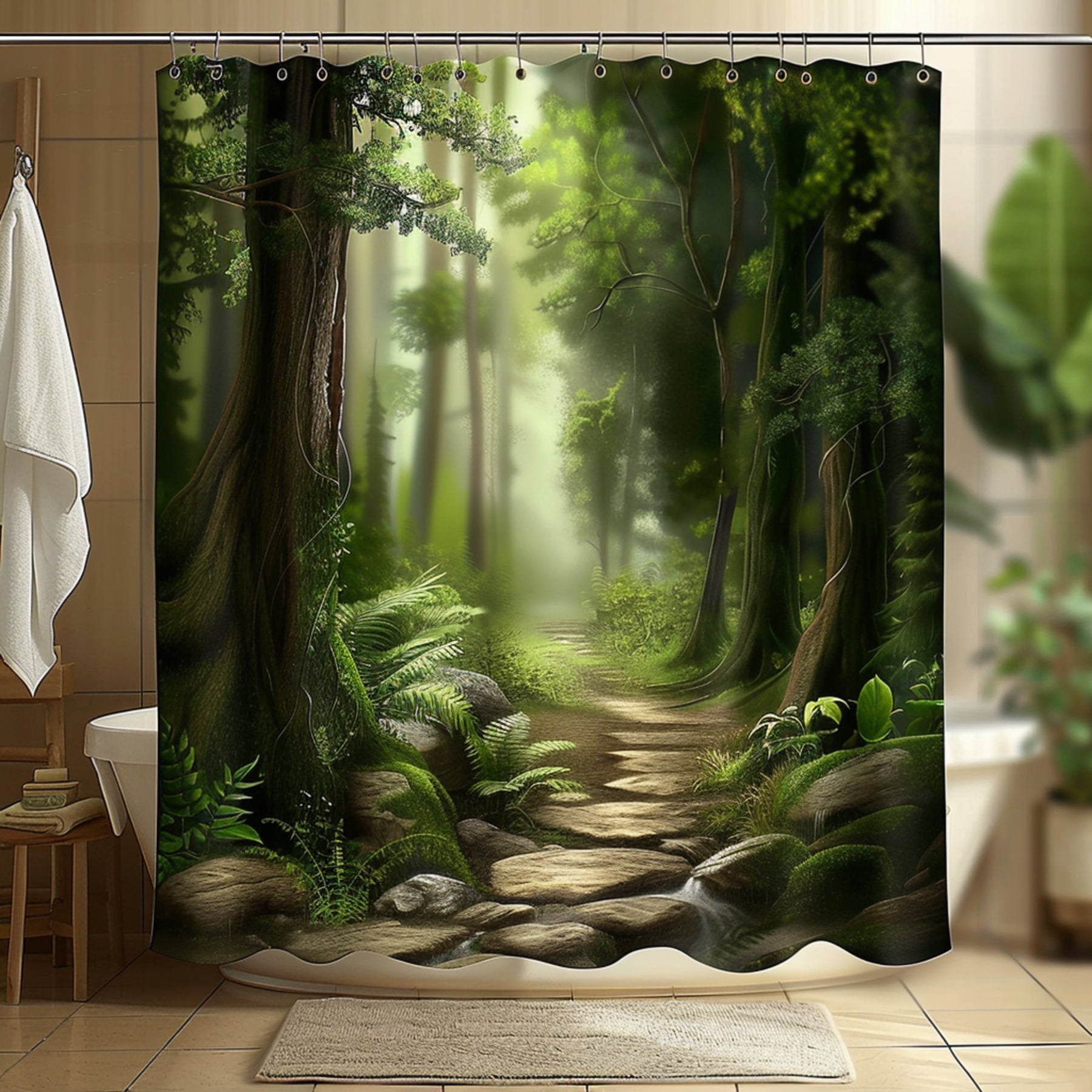 Hyper Realistic Forest Path Shower Curtain Nature Scene Bathroom Decor