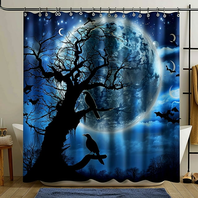 Hyper Realistic Full Moon & Crows Shower Curtain Gothic Style Bathroom Decor with Detailed Tree
