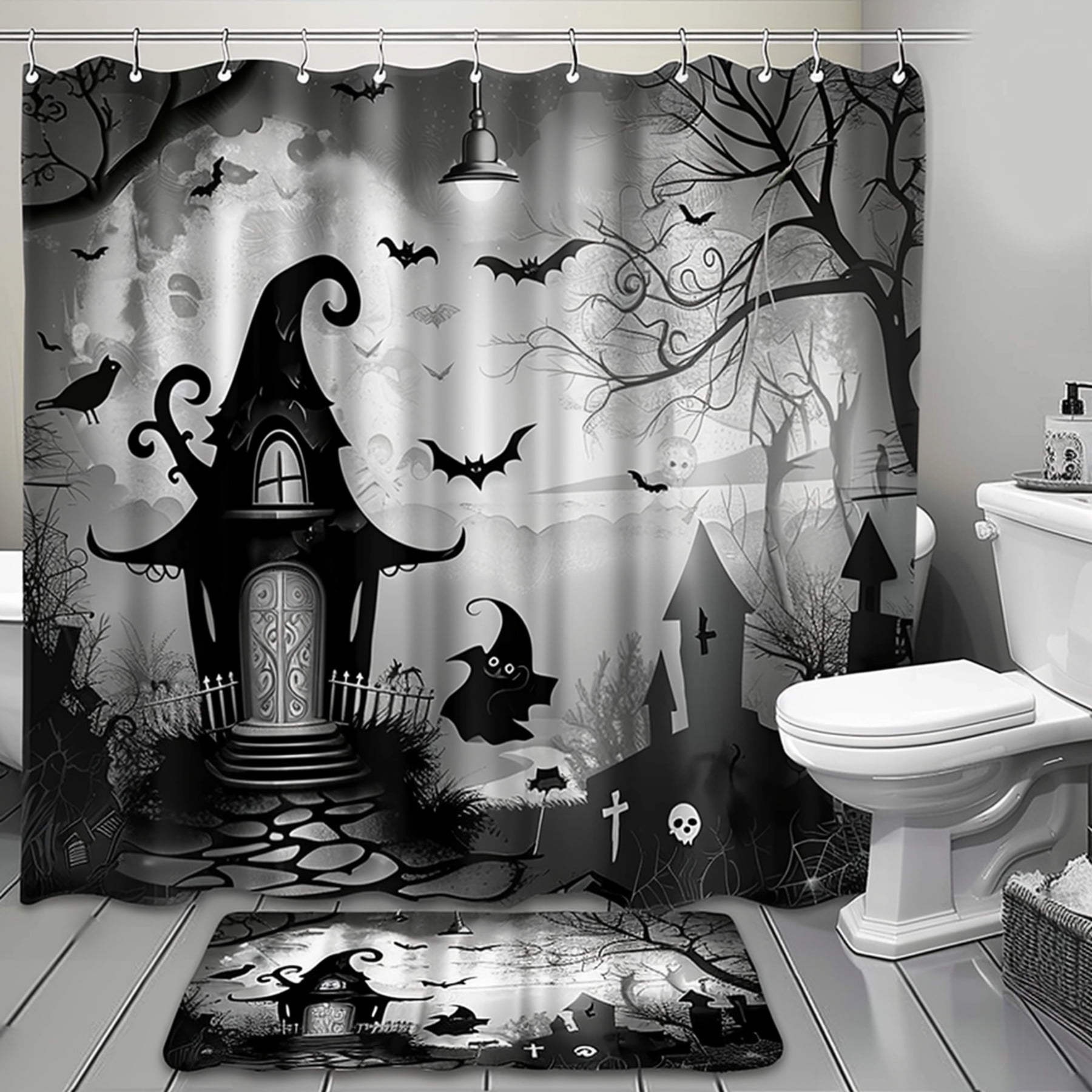 Hyper Realistic Halloween Witch Hat Bathroom Shower Curtain with Bat