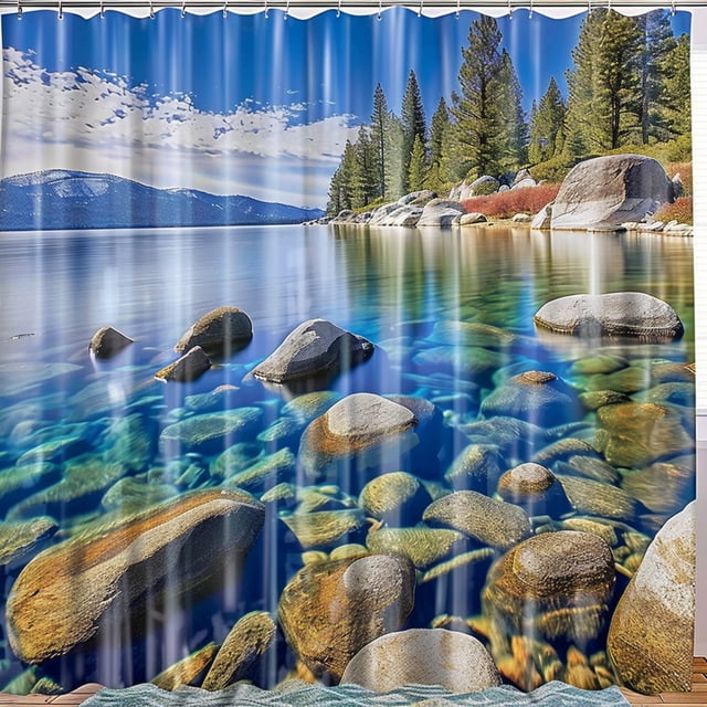 Hyper Realistic Lake Tahoe Landscape Shower Curtain Stunning Clear Blue