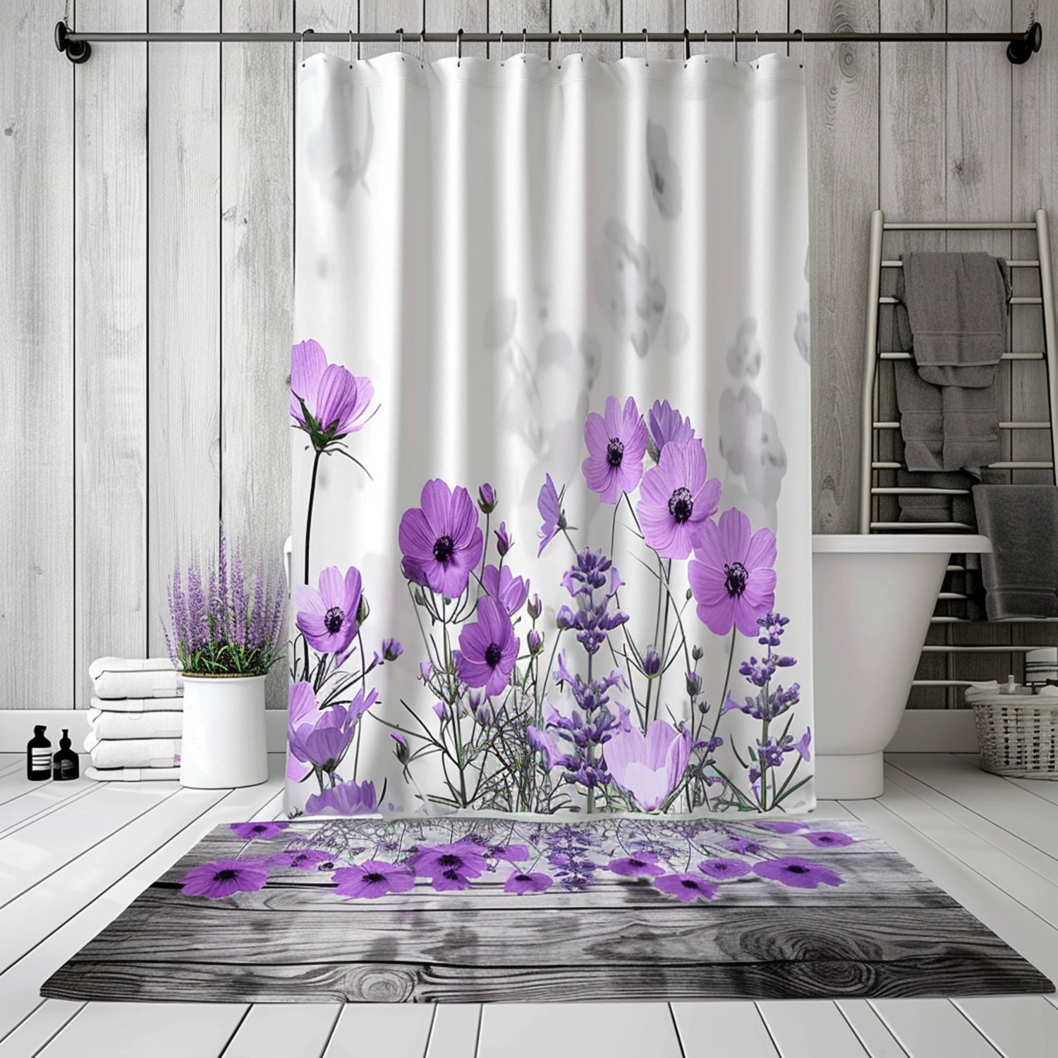 Hyper Realistic Lavender Floral Shower Curtain High Quality Grey and