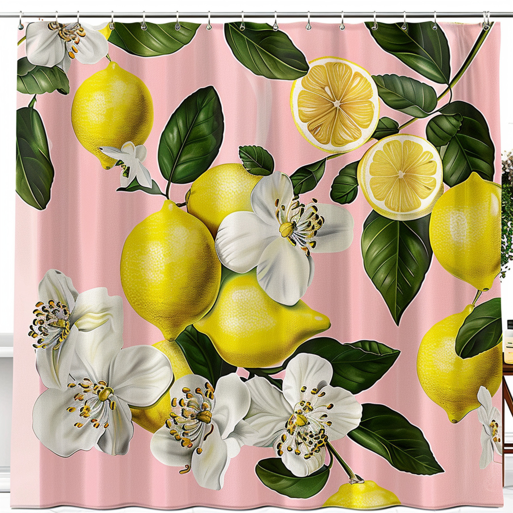 Hyper Realistic Lemon and Flower Shower Curtain Pink Background with