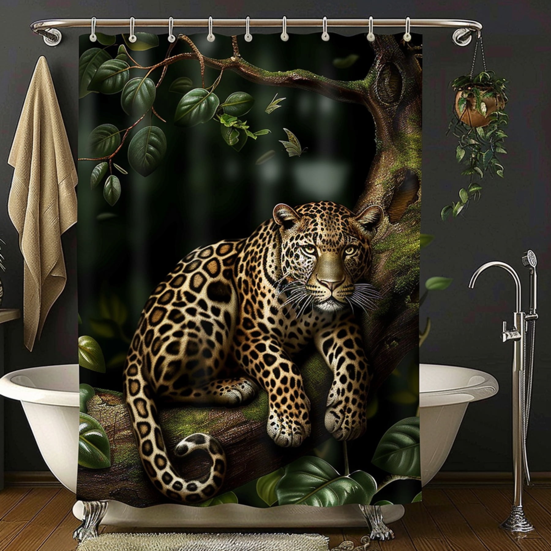 Hyper Realistic Leopard in Tree Jungle Shower Curtain Dark Black and