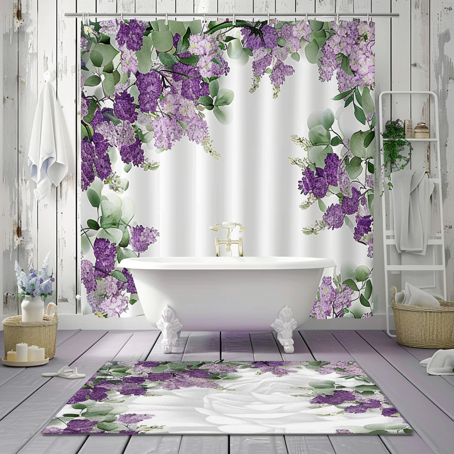 Hyper Realistic Lilac and Eucalyptus Bathroom Decor Set Floral Curtain ...