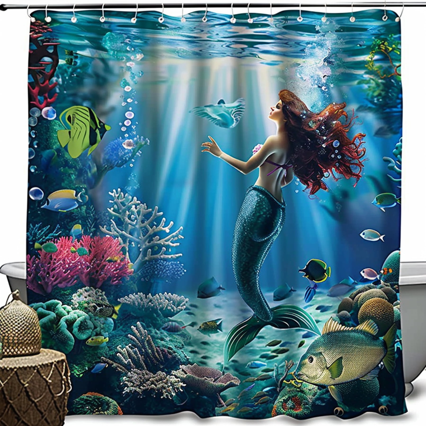 Hyper Realistic Mermaid and Merman Underwater Fantasy Shower Curtain Set Ocean Floor Decor in ...
