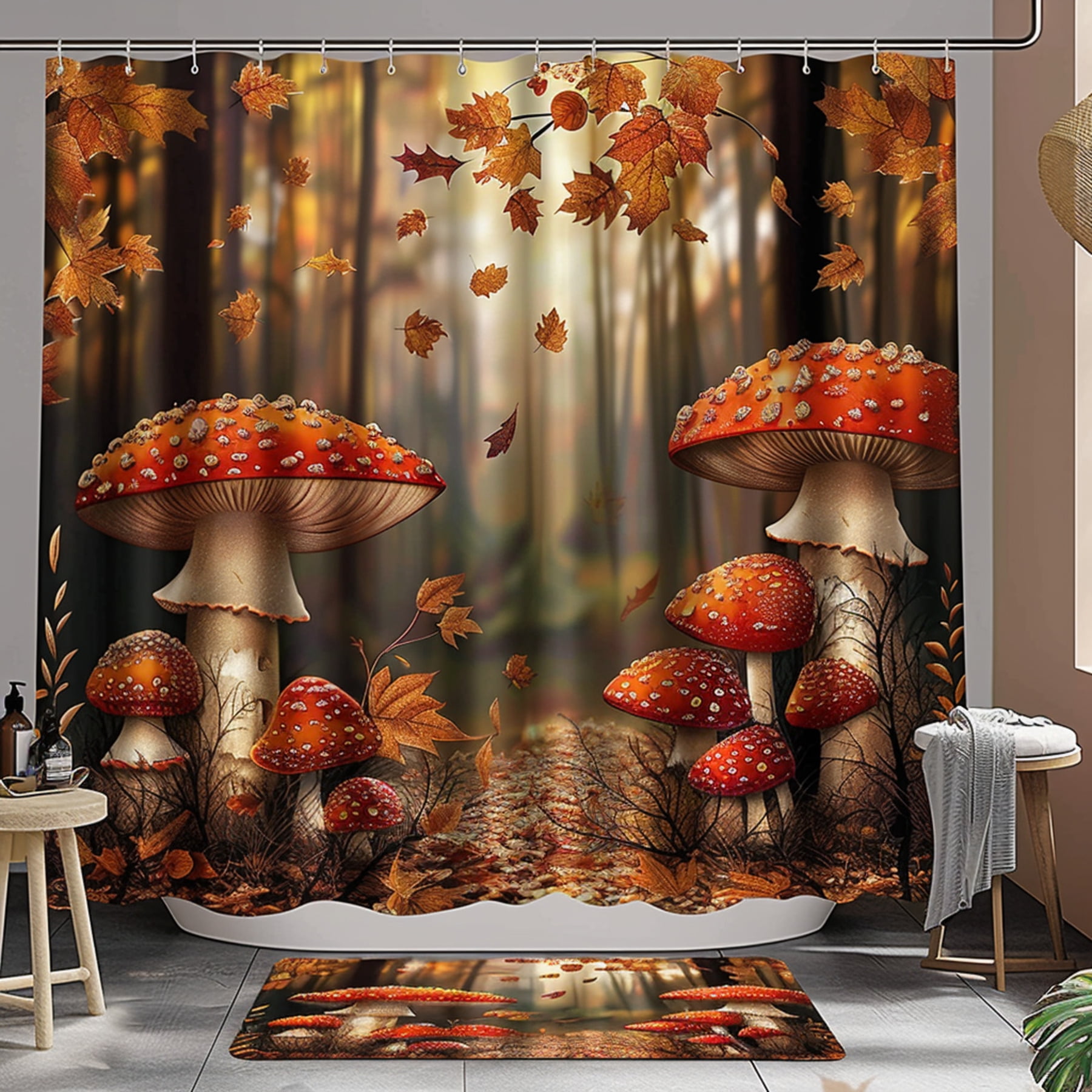 Hyper Realistic Mushroom Forest Shower Curtain Set Autumn Leaves Brown
