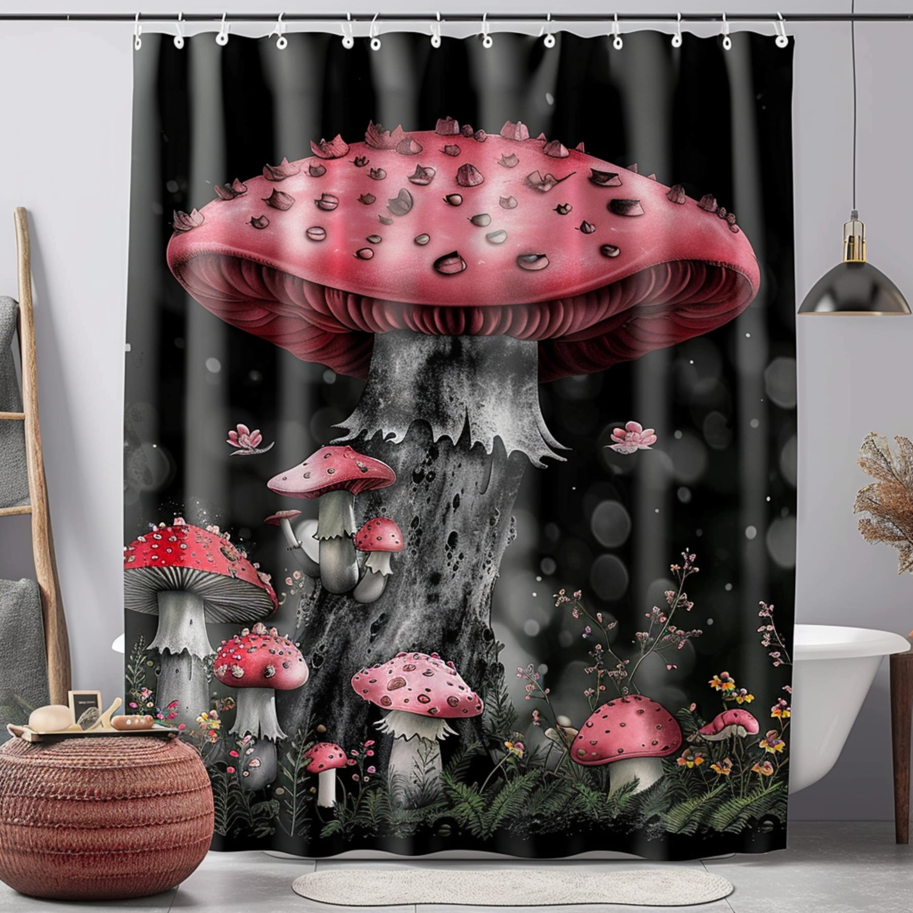 Hyper Realistic Mushroom Pink Black Bathroom Shower Curtain Vintage ...