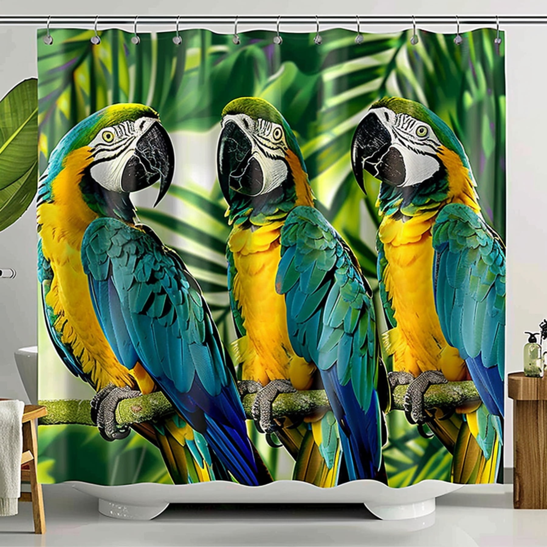 Hyper Realistic Parrots Shower Curtain Tropical Leaves Bathroom Decor