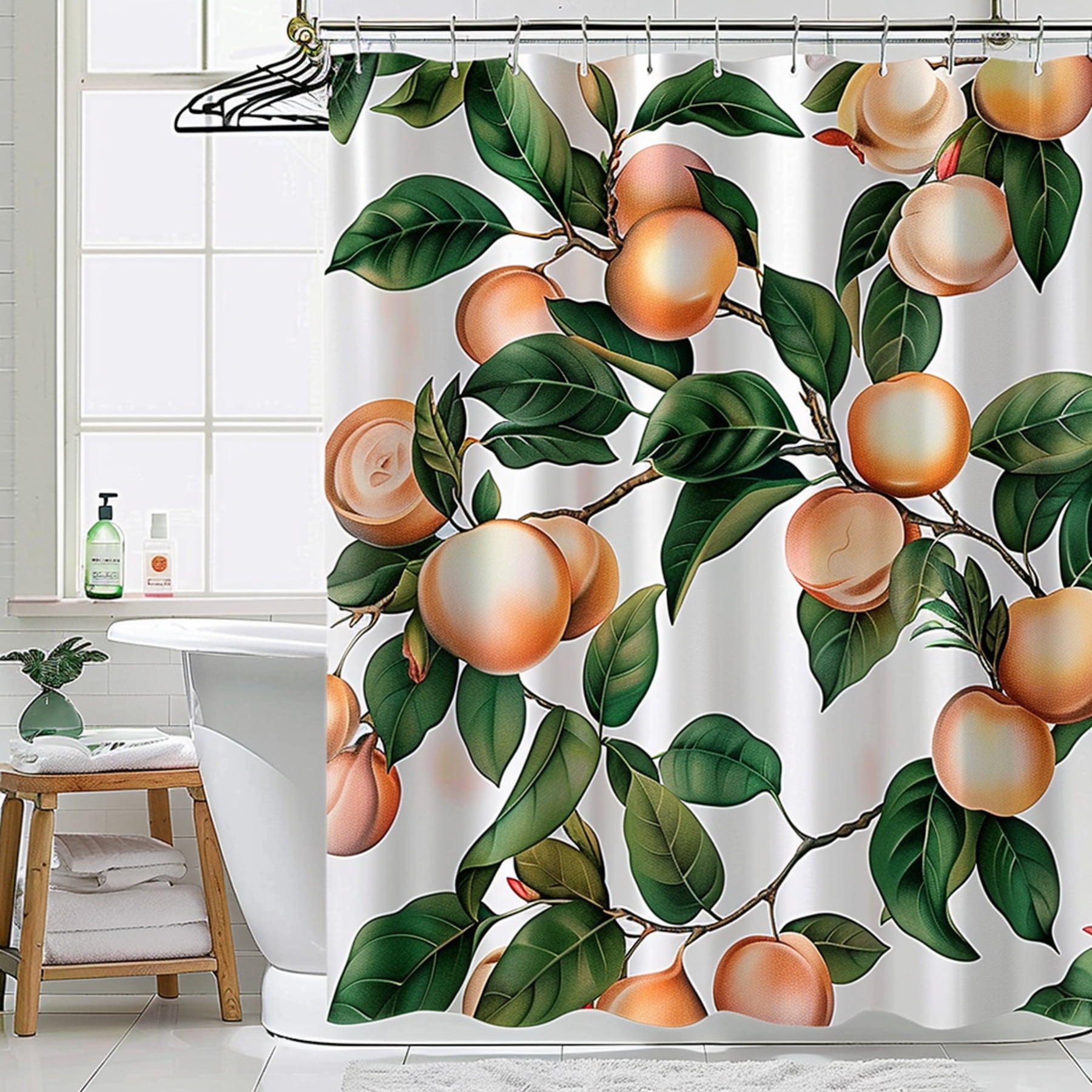 Hyper Realistic Peach and Leaf Pattern Shower Curtain on White Background Perfect for Bathroom ...