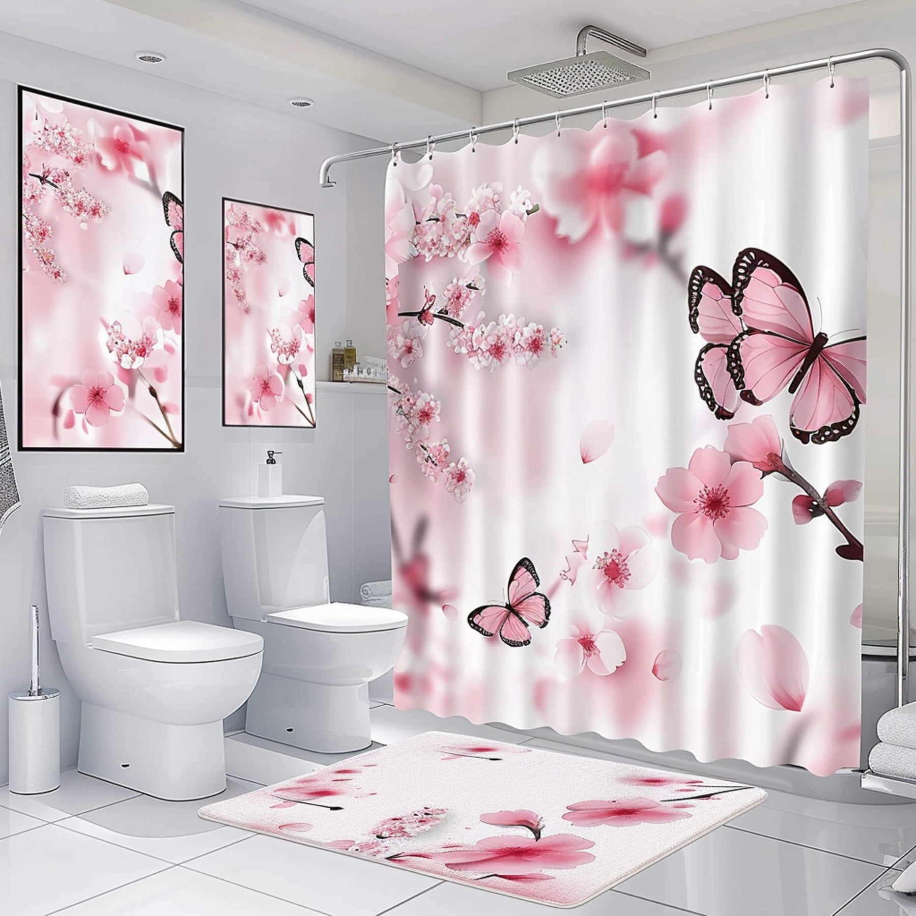 Hyper Realistic Pink Butterfly & Cherry Blossom Bathroom Set Shower ...