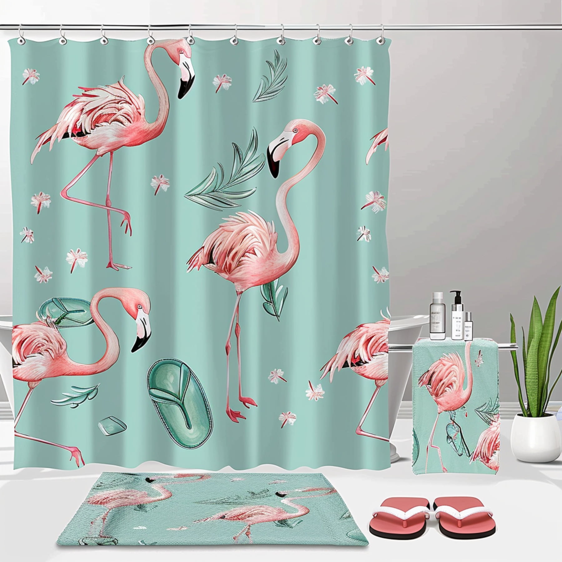 Hyper Realistic Pink Flamingo Bathroom Set Shower Curtain Flip Flops